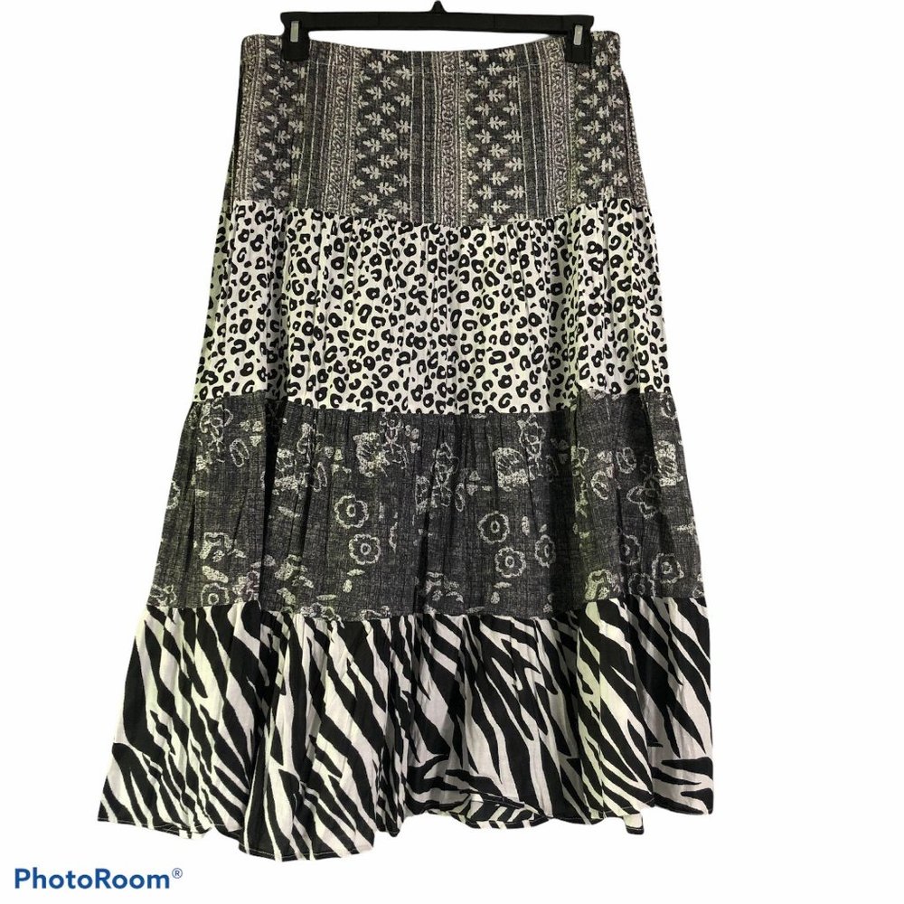 Sara Studio Mixed Print Leopard Animal Bohemian Midi Skirt Gray Petite X-Large